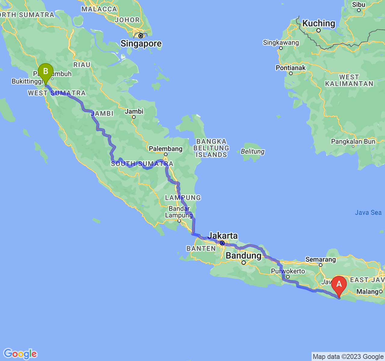 perjalanan dengan rute Kab. Pacitan-Kota Padang Panjang