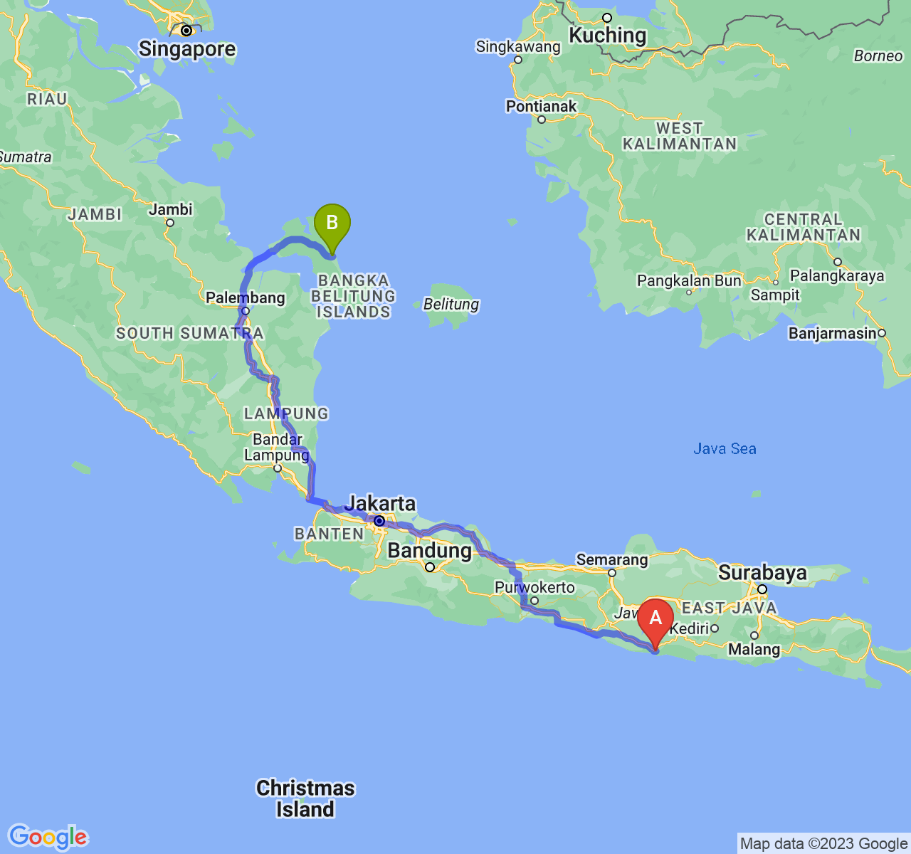 perjalanan dengan rute Kab. Pacitan-Kota Pangkalpinang