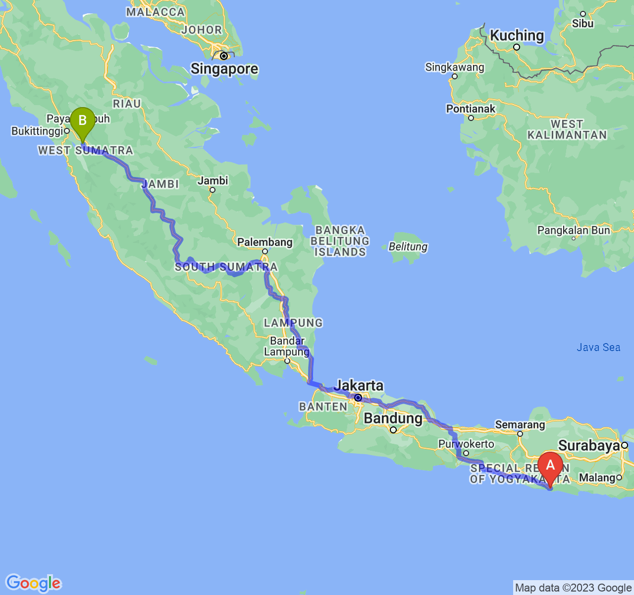 perjalanan dengan rute Kab. Pacitan-Kota Sawah Lunto