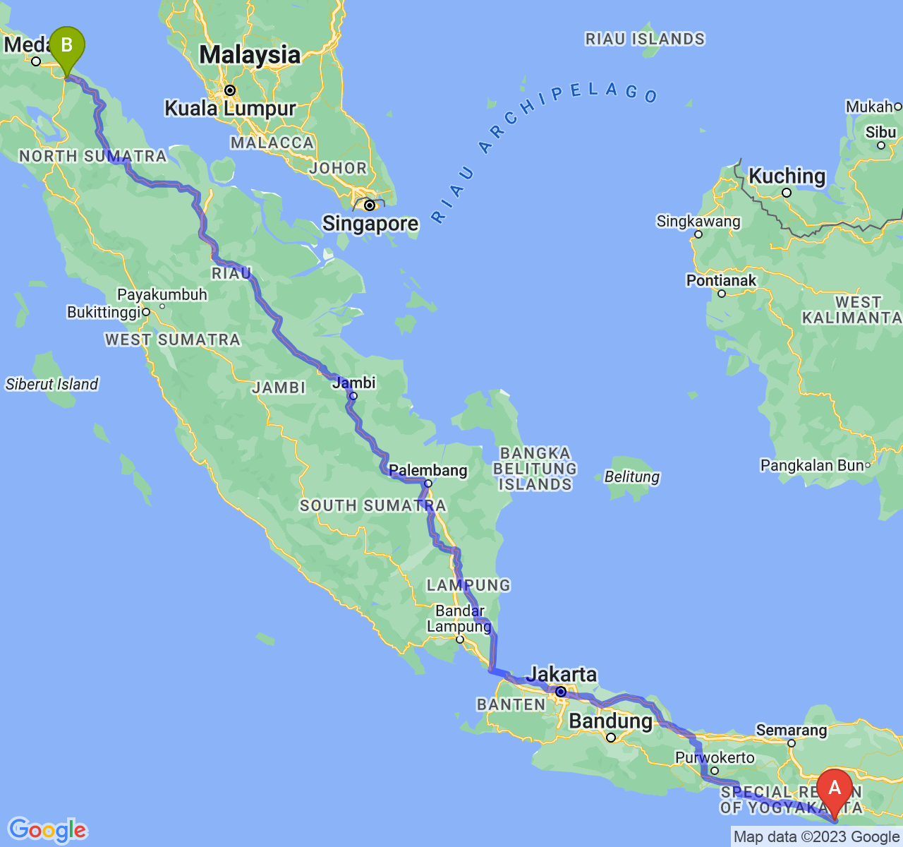 perjalanan dengan rute Kab. Pacitan-Kota Tebing Tinggi