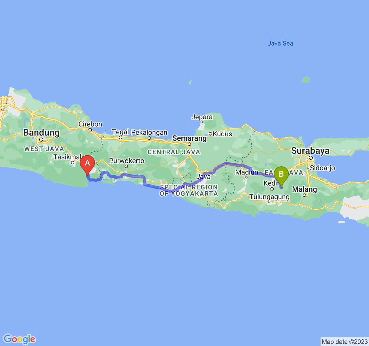 perjalanan dengan rute Kab. Pangandaran-Kab. Kediri