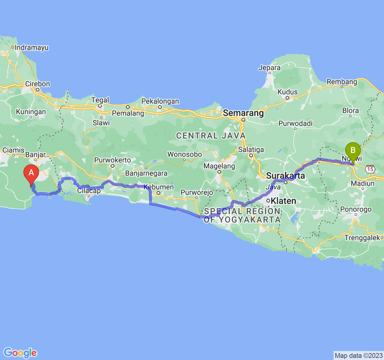 perjalanan dengan rute Kab. Pangandaran-Kab. Ngawi