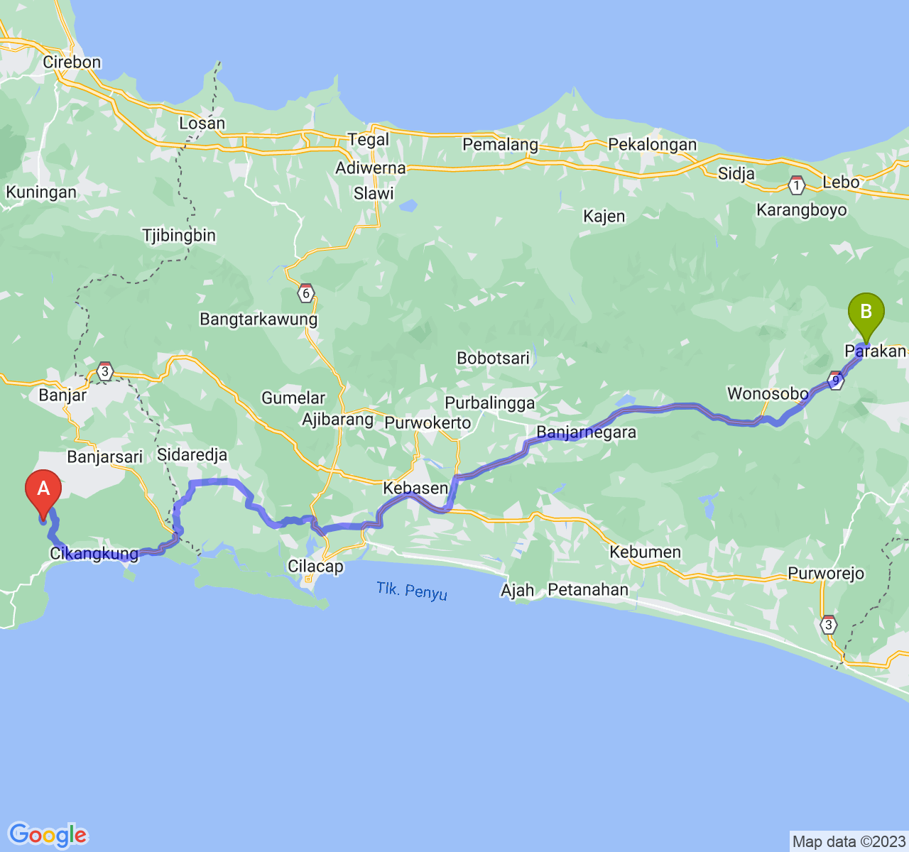 perjalanan dengan rute Kab. Pangandaran-Kab. Temanggung