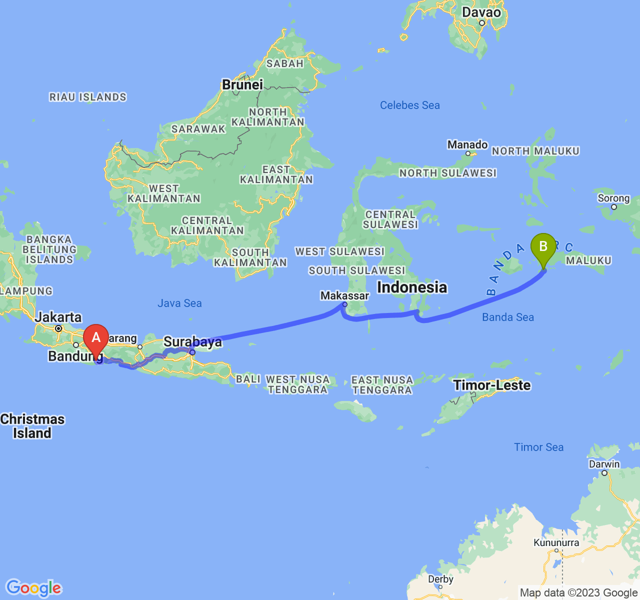 perjalanan dengan rute Kab. Pangandaran-Kota Ambon