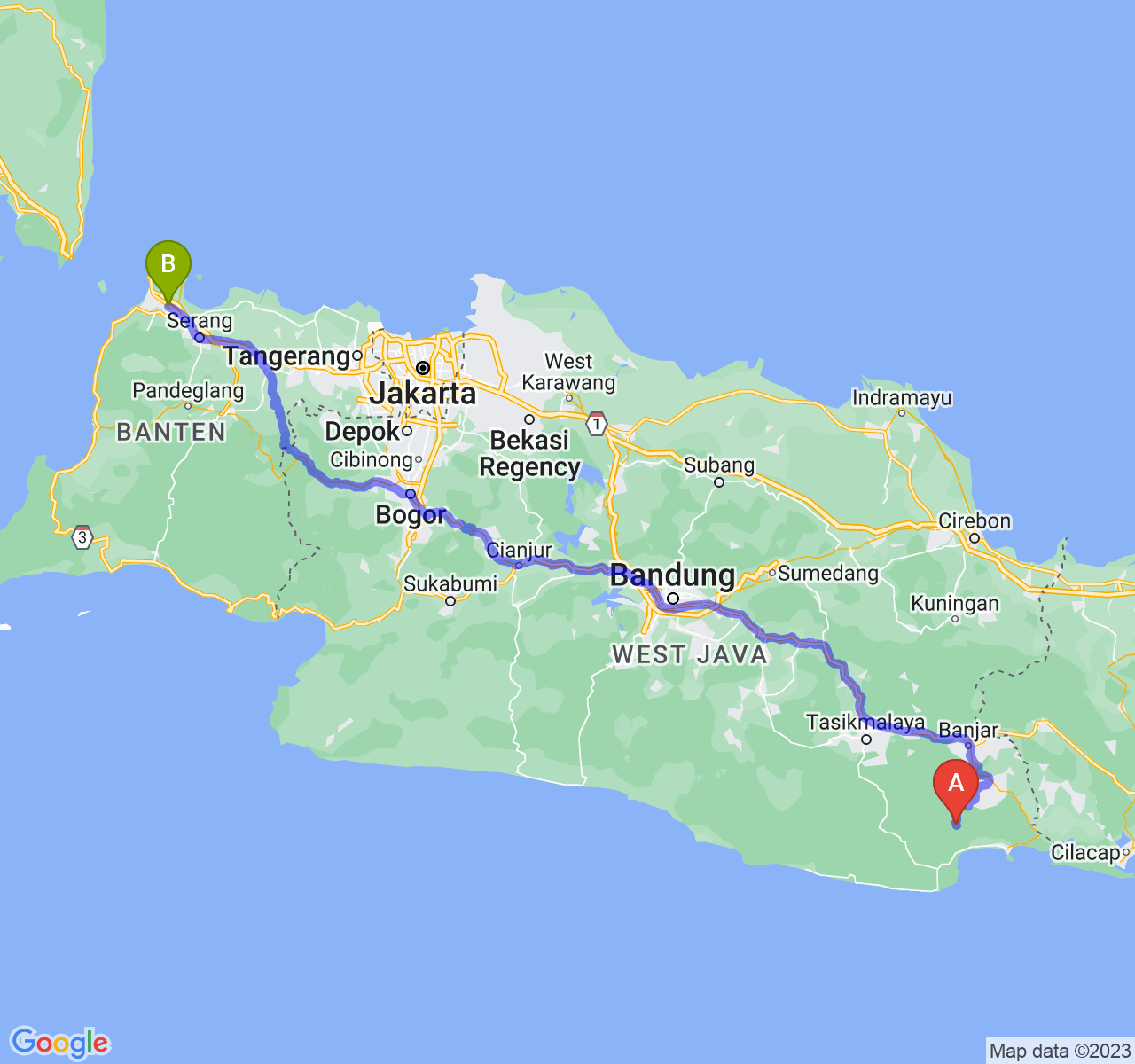 perjalanan dengan rute Kab. Pangandaran-Kota Cilegon