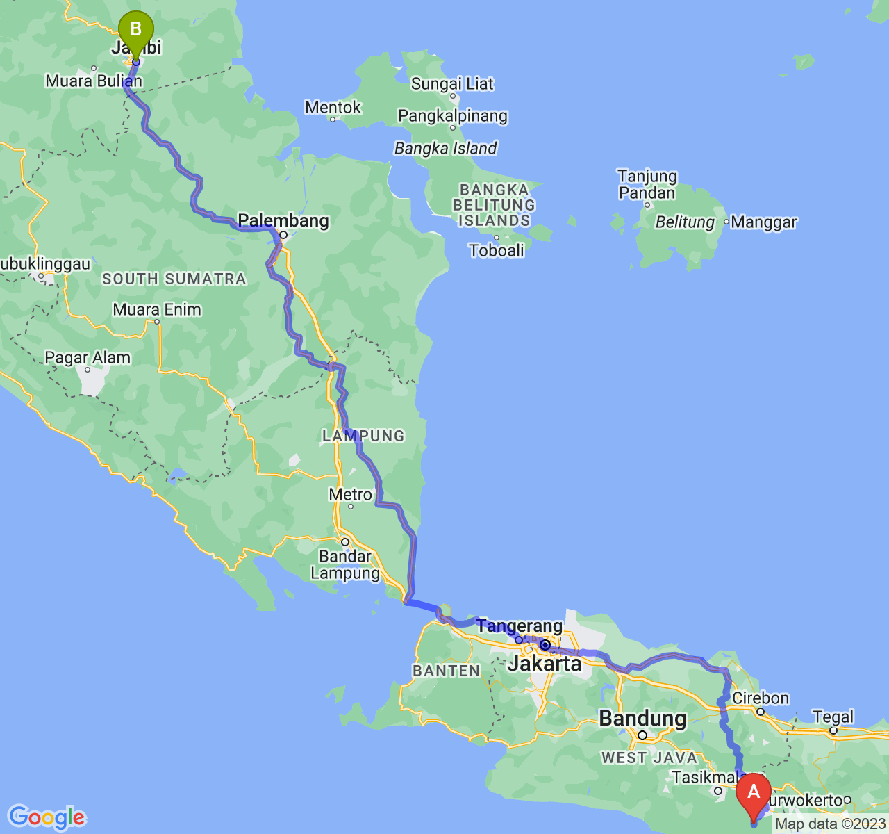 perjalanan dengan rute Kab. Pangandaran-Kota Jambi