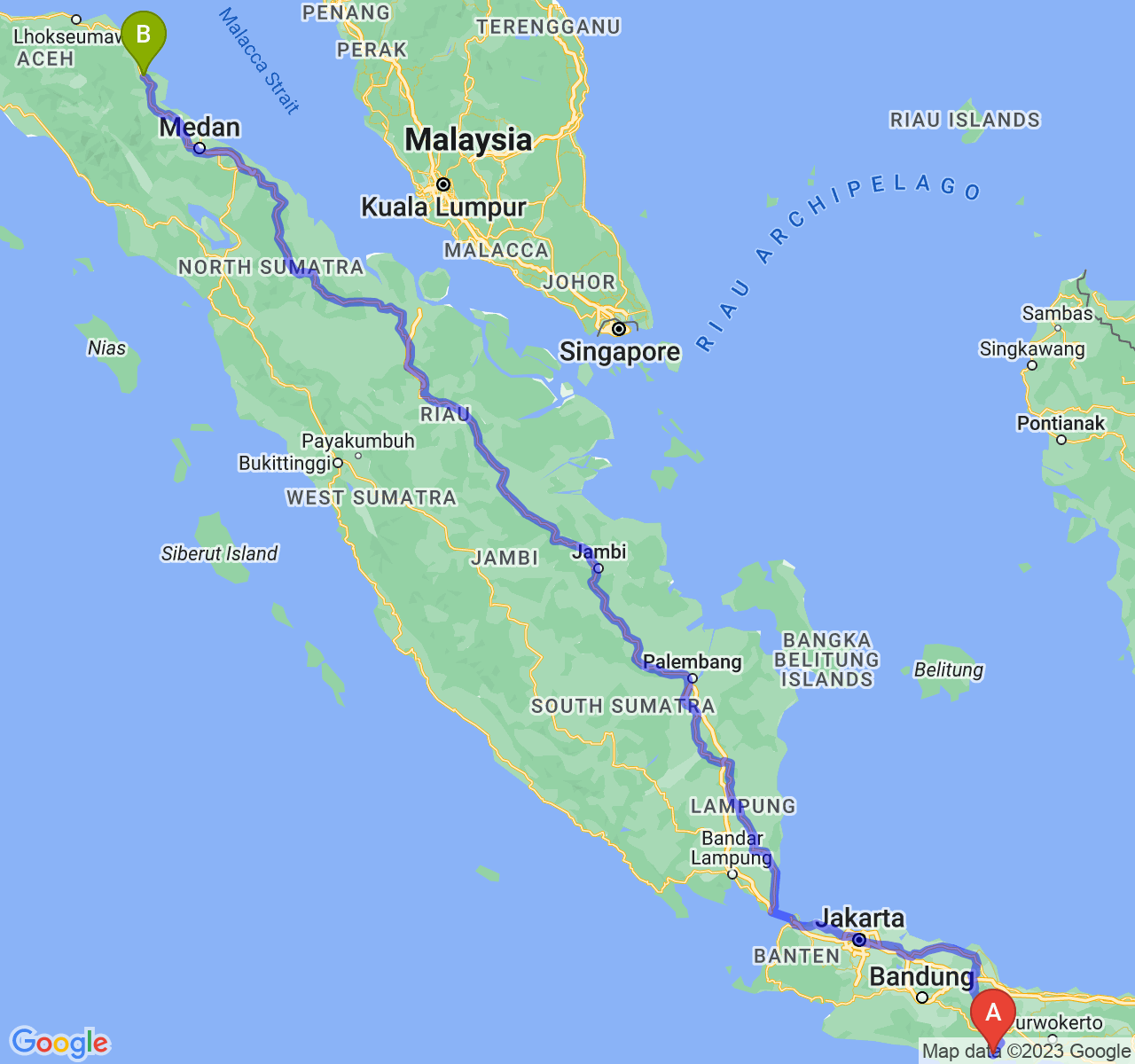 perjalanan dengan rute Kab. Pangandaran-Kota Langsa