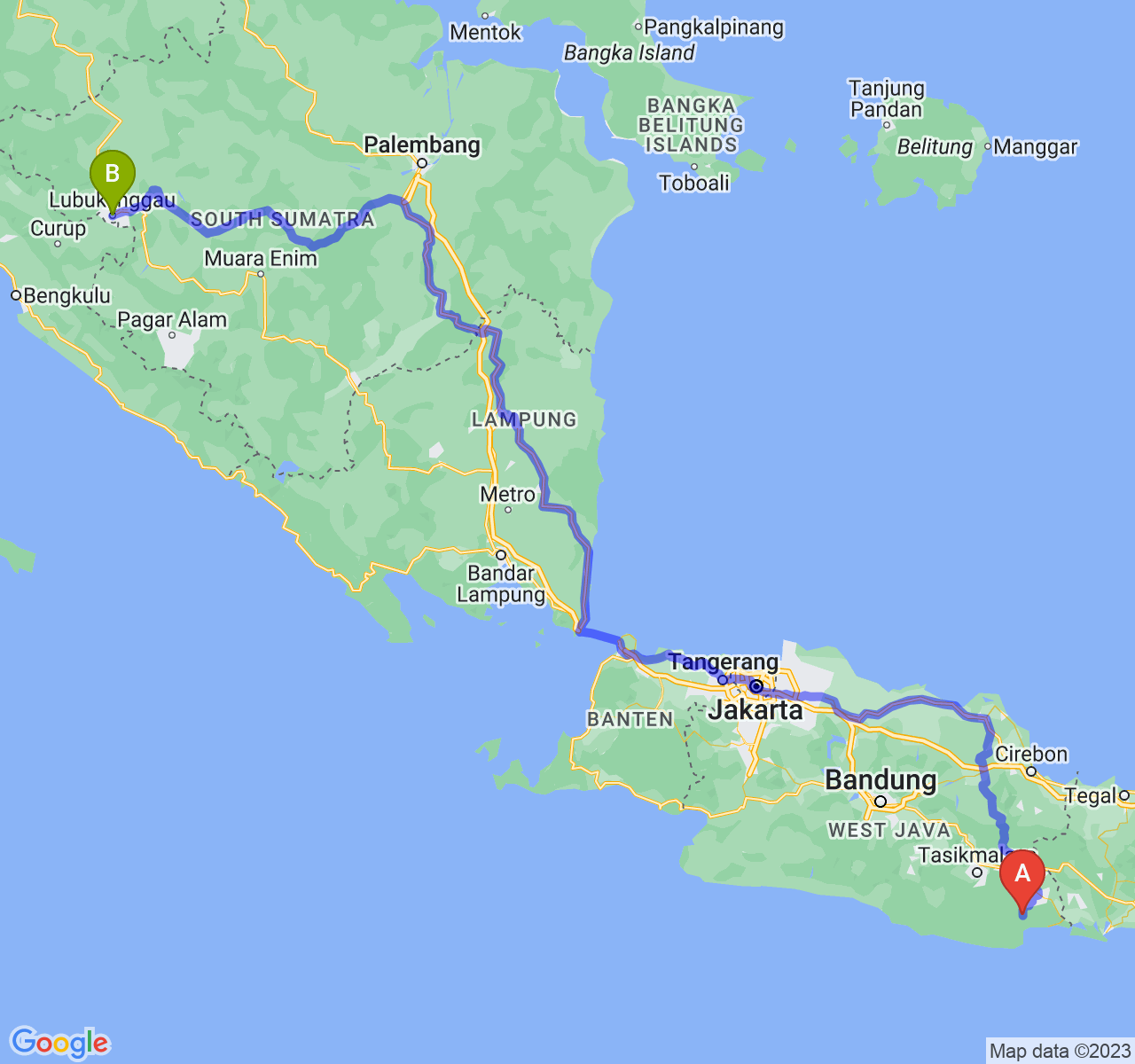 perjalanan dengan rute Kab. Pangandaran-Kota Lubuk Linggau