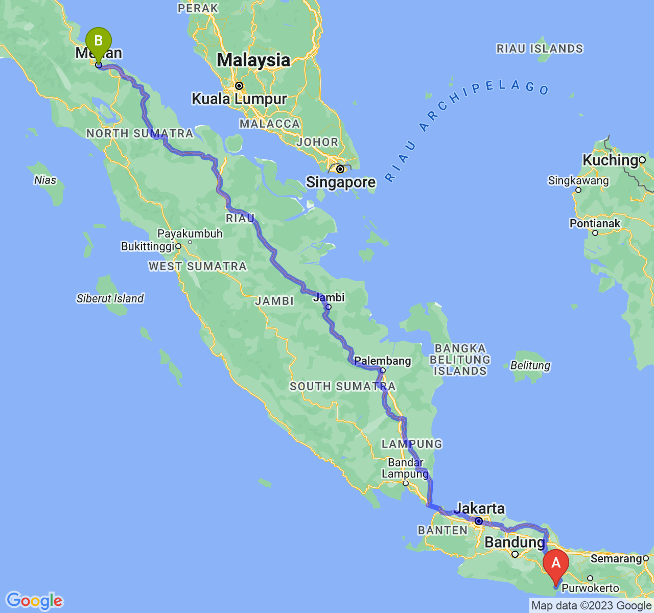 perjalanan dengan rute Kab. Pangandaran-Kota Medan