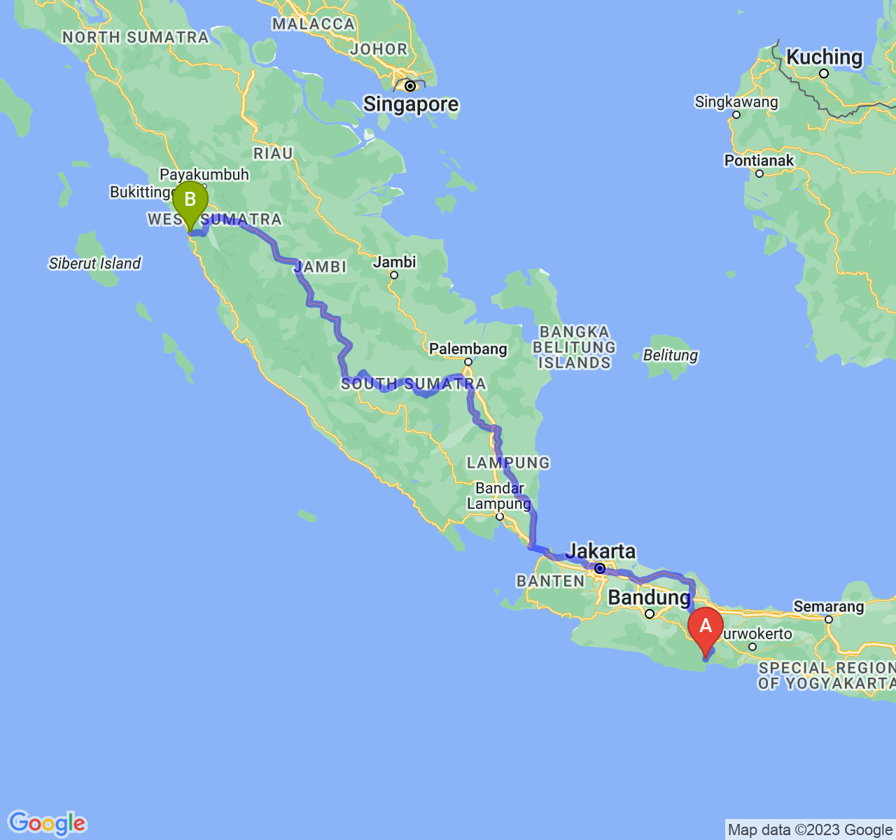 perjalanan dengan rute Kab. Pangandaran-Kota Padang