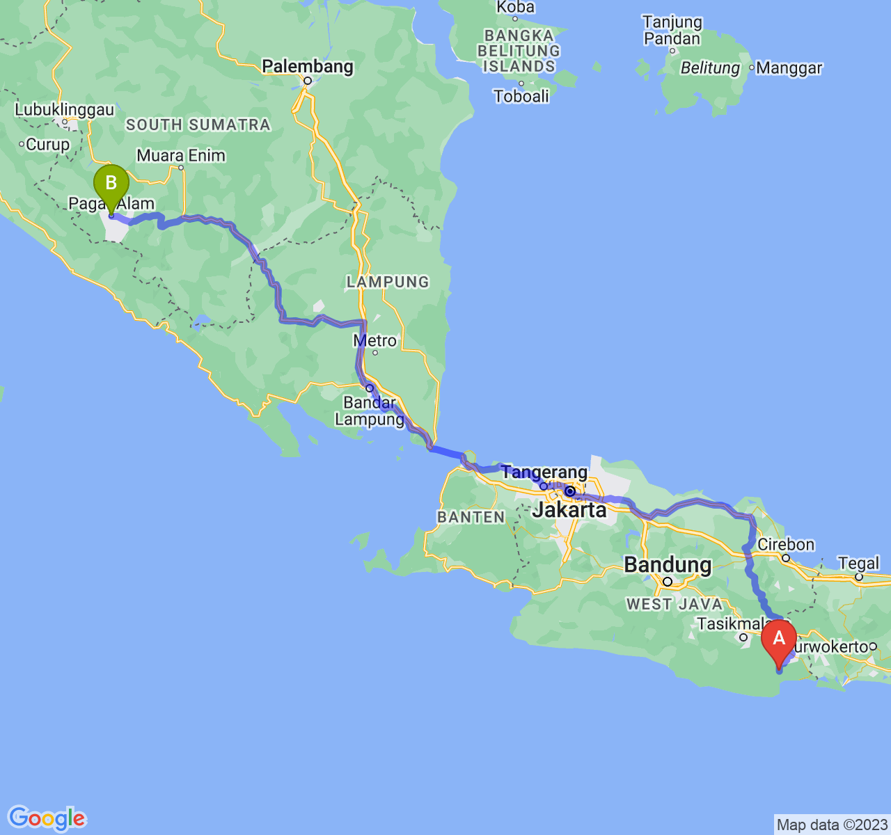 perjalanan dengan rute Kab. Pangandaran-Kota Pagar Alam