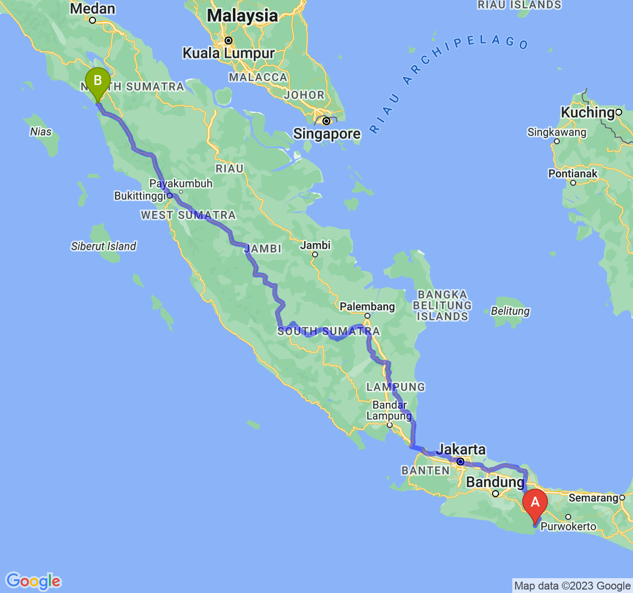 perjalanan dengan rute Kab. Pangandaran-Kota Sibolga