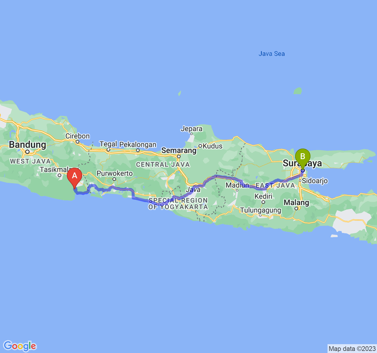 perjalanan dengan rute Kab. Pangandaran-Kota Surabaya