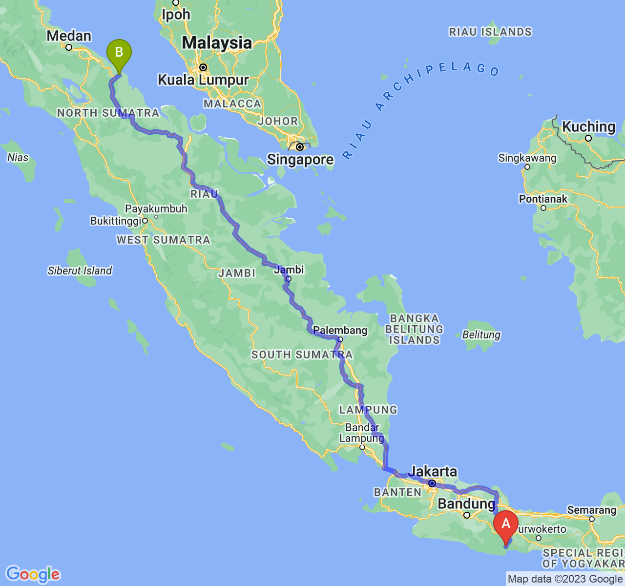 perjalanan dengan rute Kab. Pangandaran-Kota Tanjung Balai