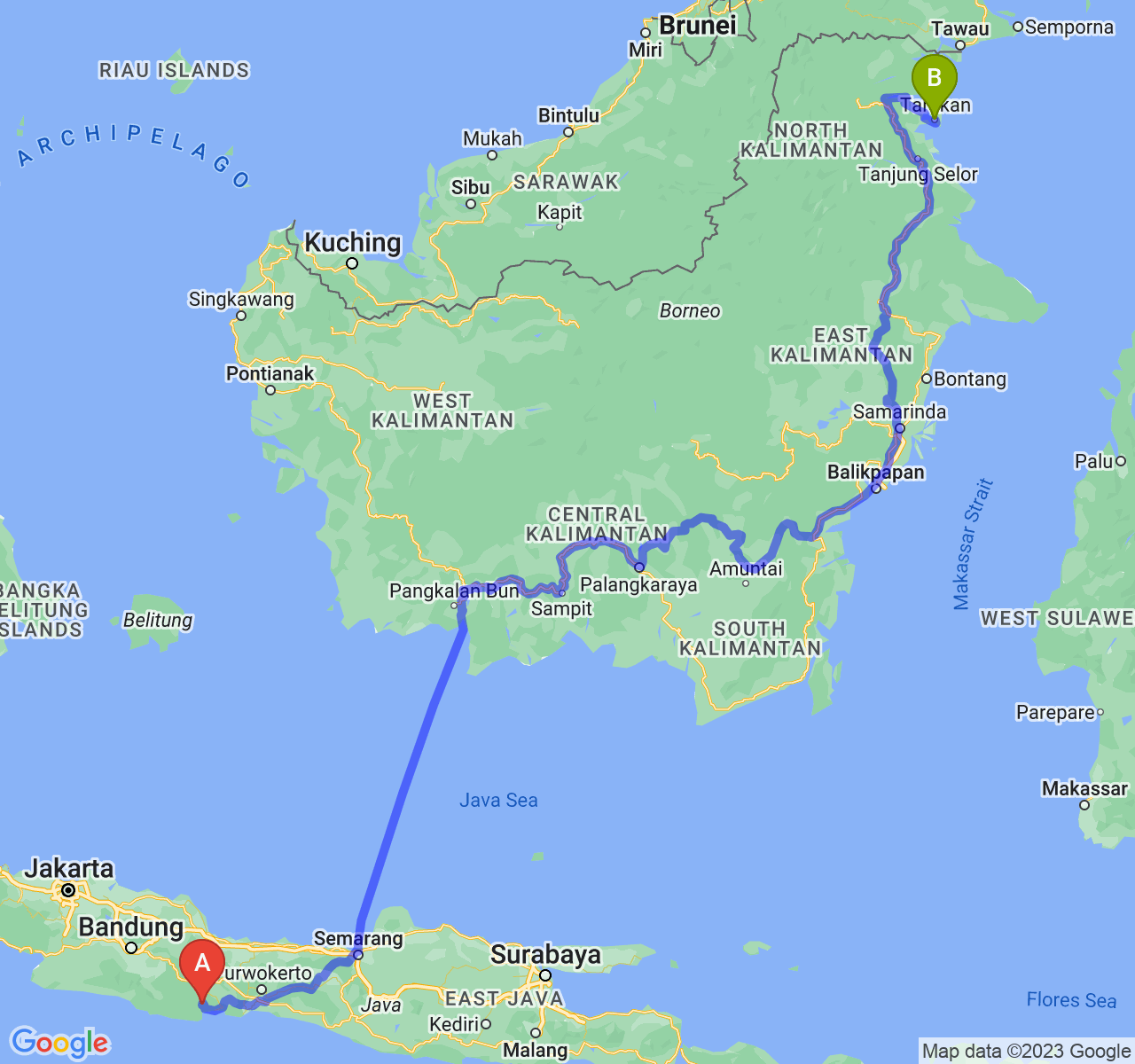 perjalanan dengan rute Kab. Pangandaran-Kota Tarakan