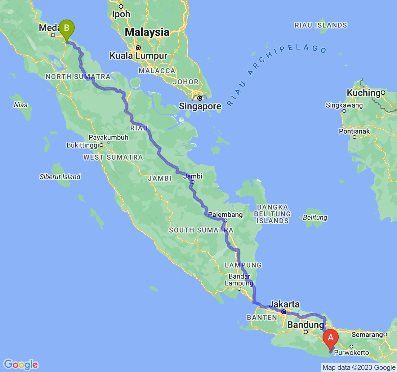 perjalanan dengan rute Kab. Pangandaran-Kota Tebing Tinggi