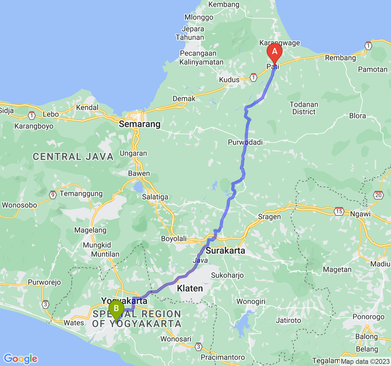 perjalanan dengan rute Kab. Pati-Kab. Bantul