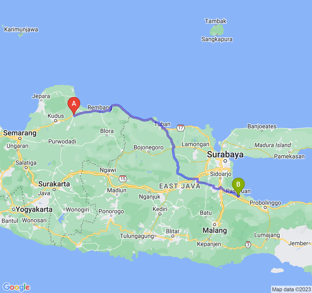 perjalanan dengan rute Kab. Pati-Kota Pasuruan