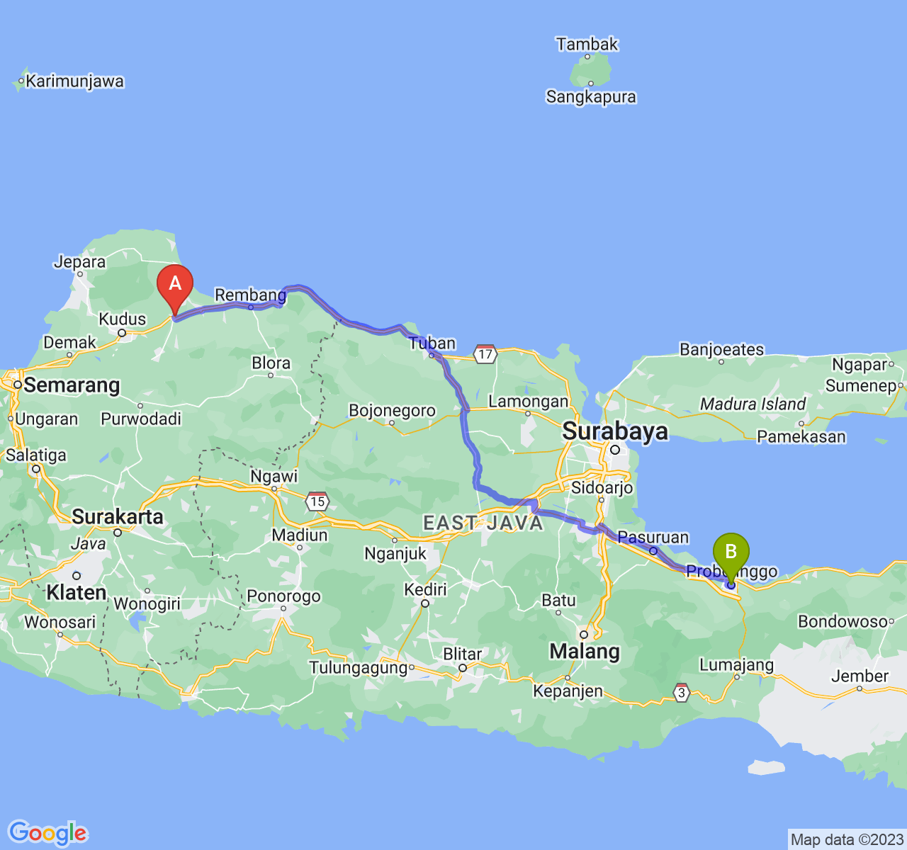 perjalanan dengan rute Kab. Pati-Kota Probolinggo