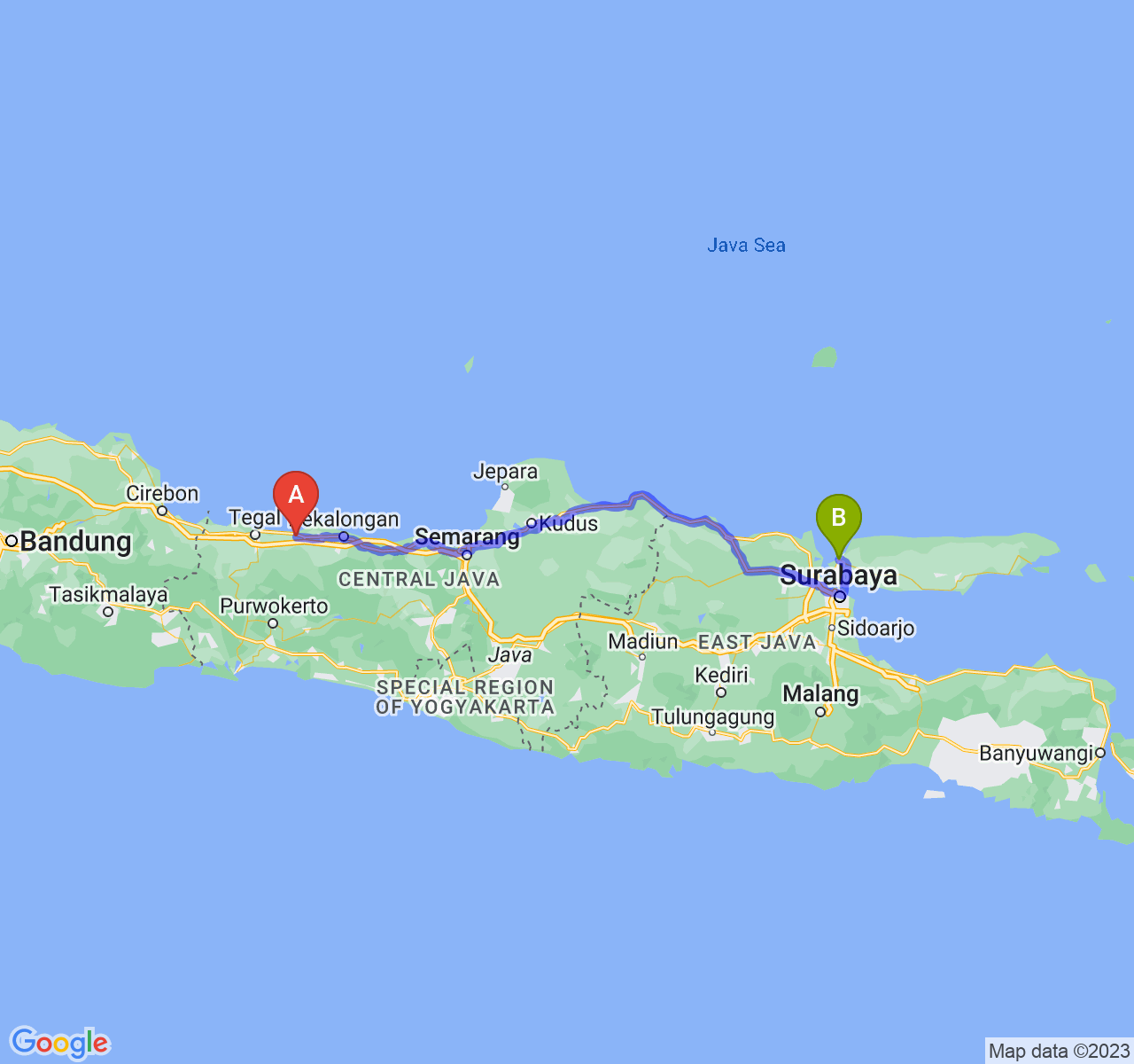 perjalanan dengan rute Kab. Pemalang-Kab. Bangkalan