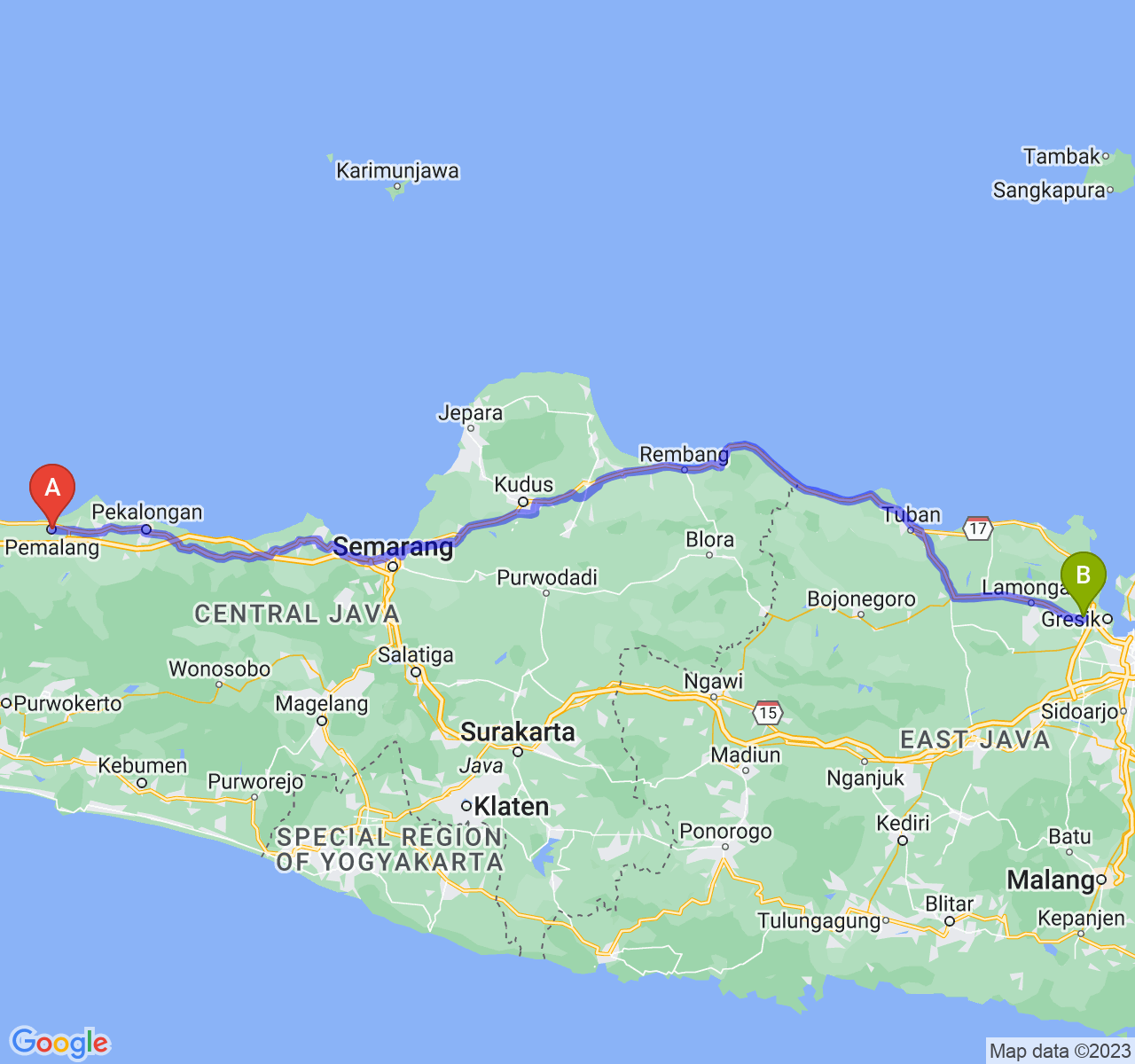 perjalanan dengan rute Kab. Pemalang-Kab. Gresik