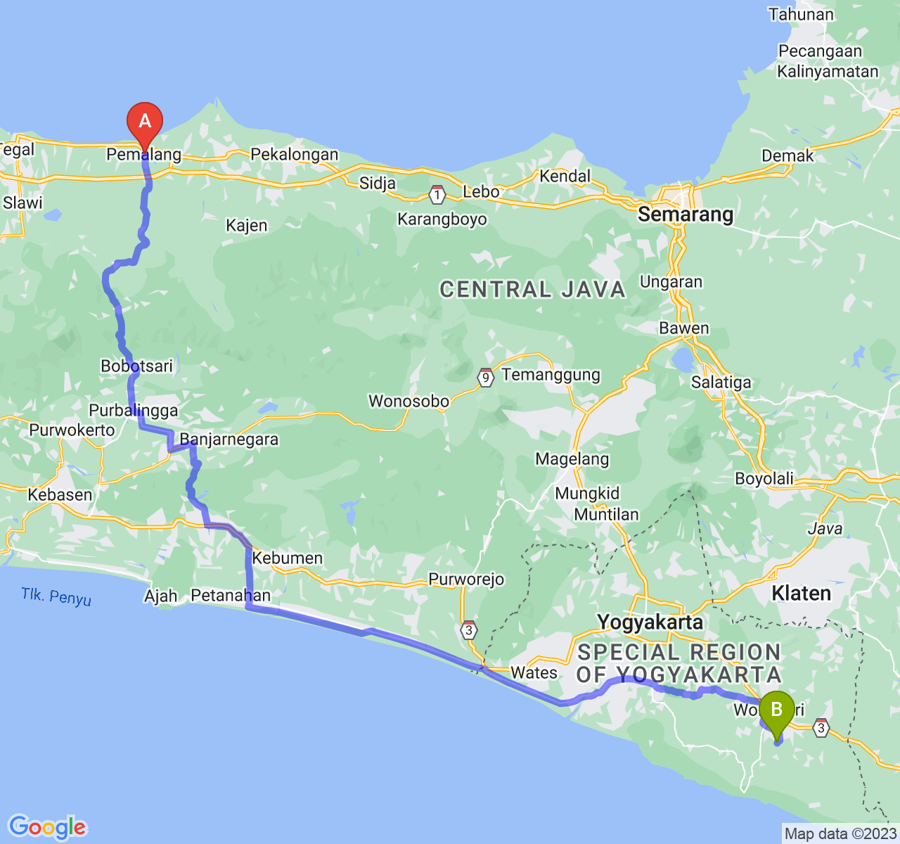 perjalanan dengan rute Kab. Pemalang-Kab. Gunung Kidul