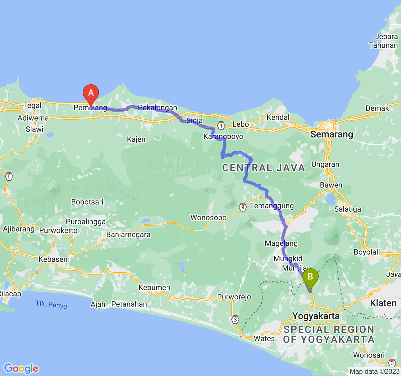 perjalanan dengan rute Kab. Pemalang-Kab. Sleman