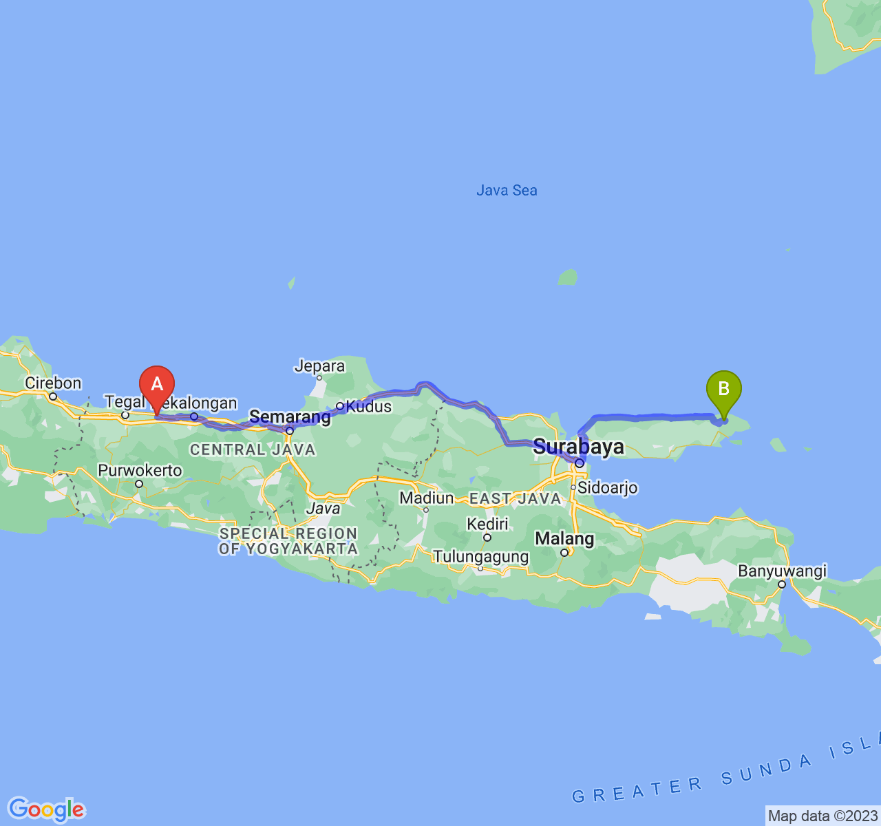 perjalanan dengan rute Kab. Pemalang-Kab. Sumenep