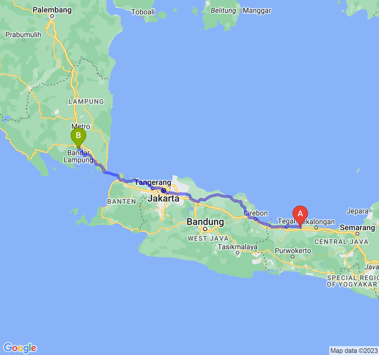 perjalanan dengan rute Kab. Pemalang-Kota Bandar Lampung