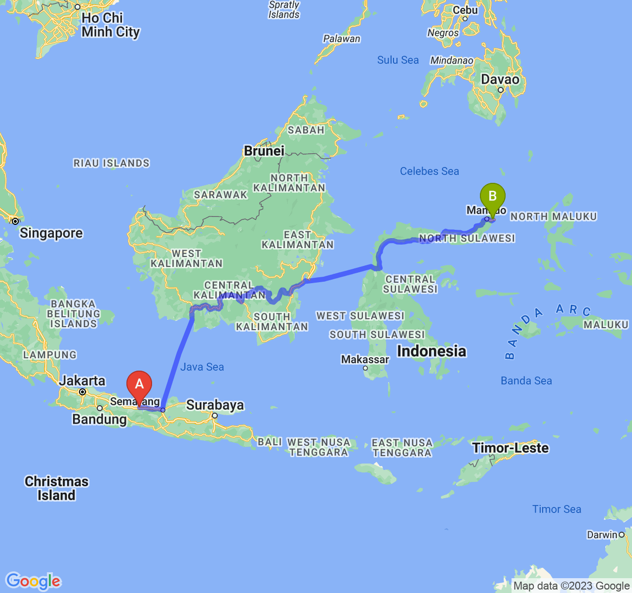 perjalanan dengan rute Kab. Pemalang-Kota Bitung