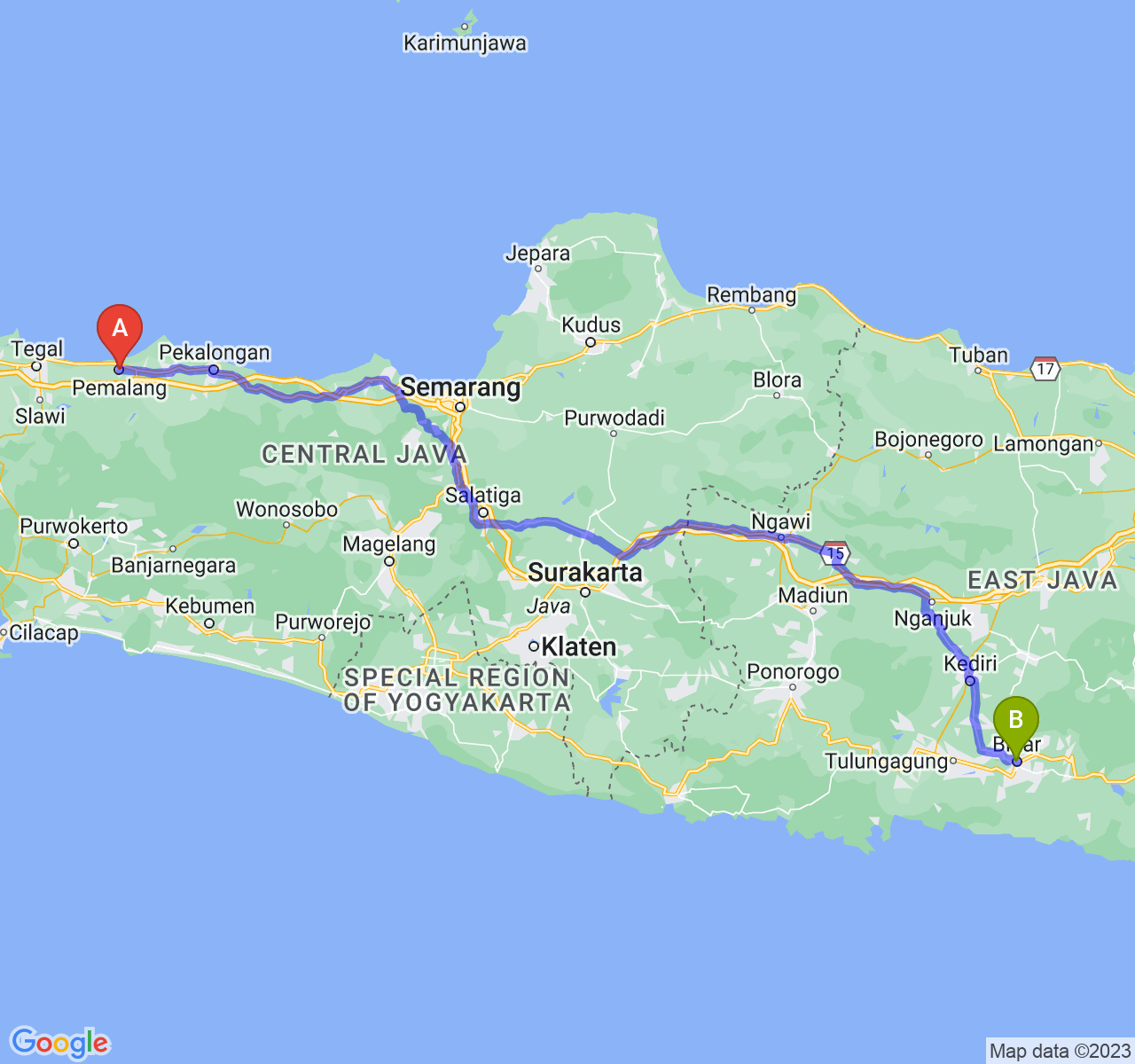 perjalanan dengan rute Kab. Pemalang-Kota Blitar