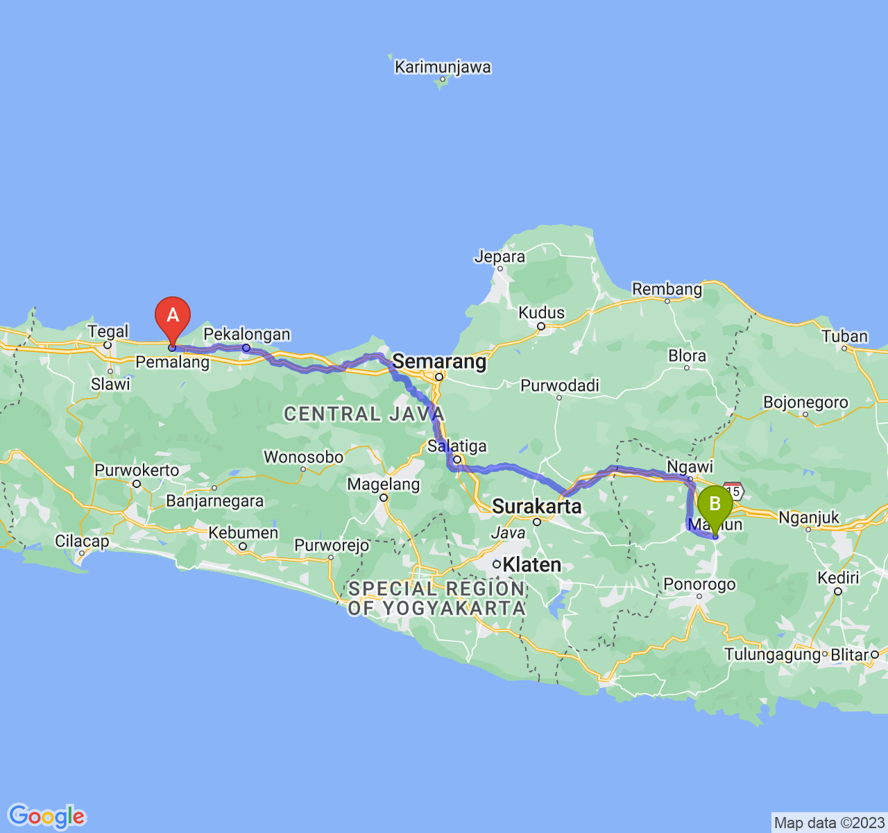 perjalanan dengan rute Kab. Pemalang-Kota Madiun