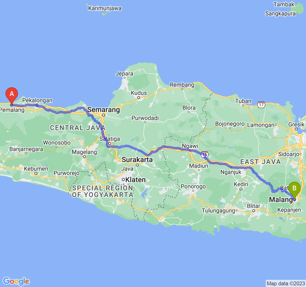 perjalanan dengan rute Kab. Pemalang-Kota Malang