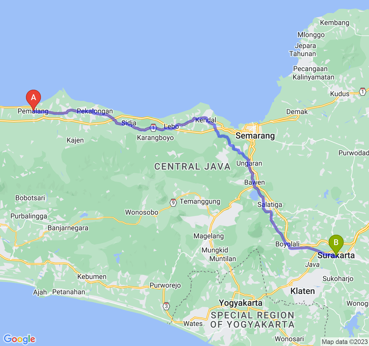 perjalanan dengan rute Kab. Pemalang-Kota Surakarta