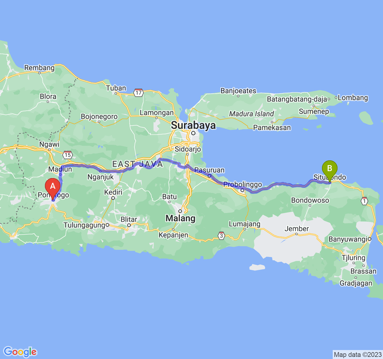 perjalanan dengan rute Kab. Ponorogo-Kab. Situbondo