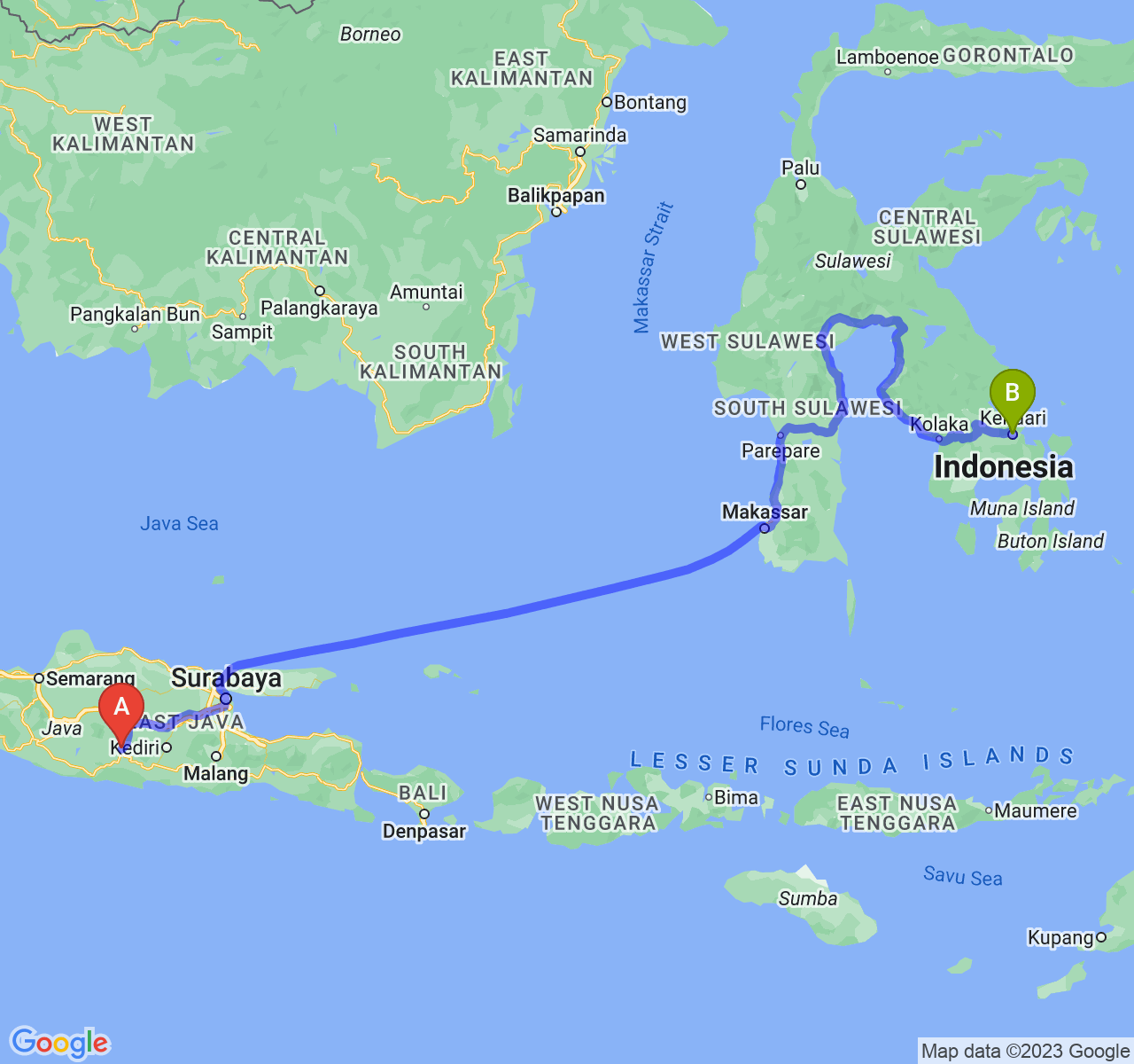 perjalanan dengan rute Kab. Ponorogo-Kota Kendari