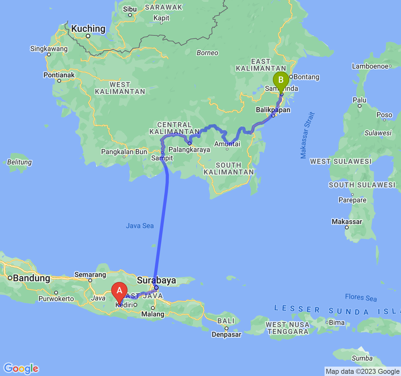 perjalanan dengan rute Kab. Ponorogo-Kota Samarinda