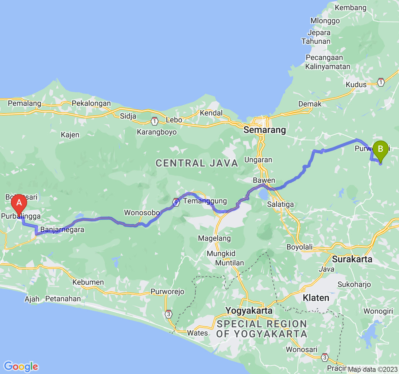 perjalanan dengan rute Kab. Purbalingga-Kab. Grobogan