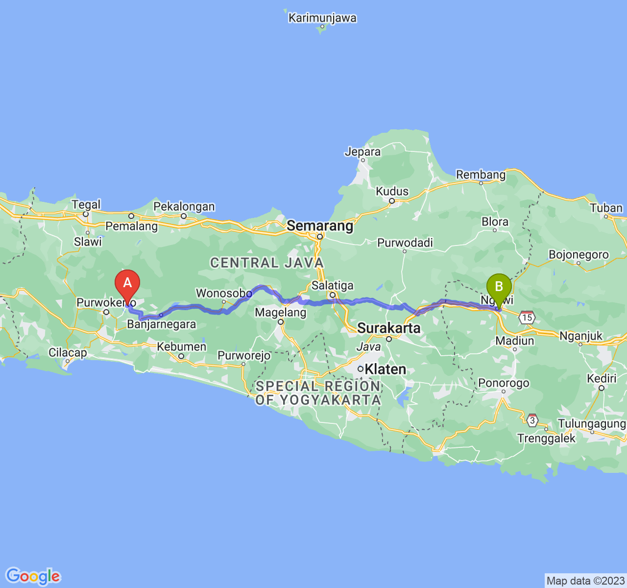 perjalanan dengan rute Kab. Purbalingga-Kab. Ngawi