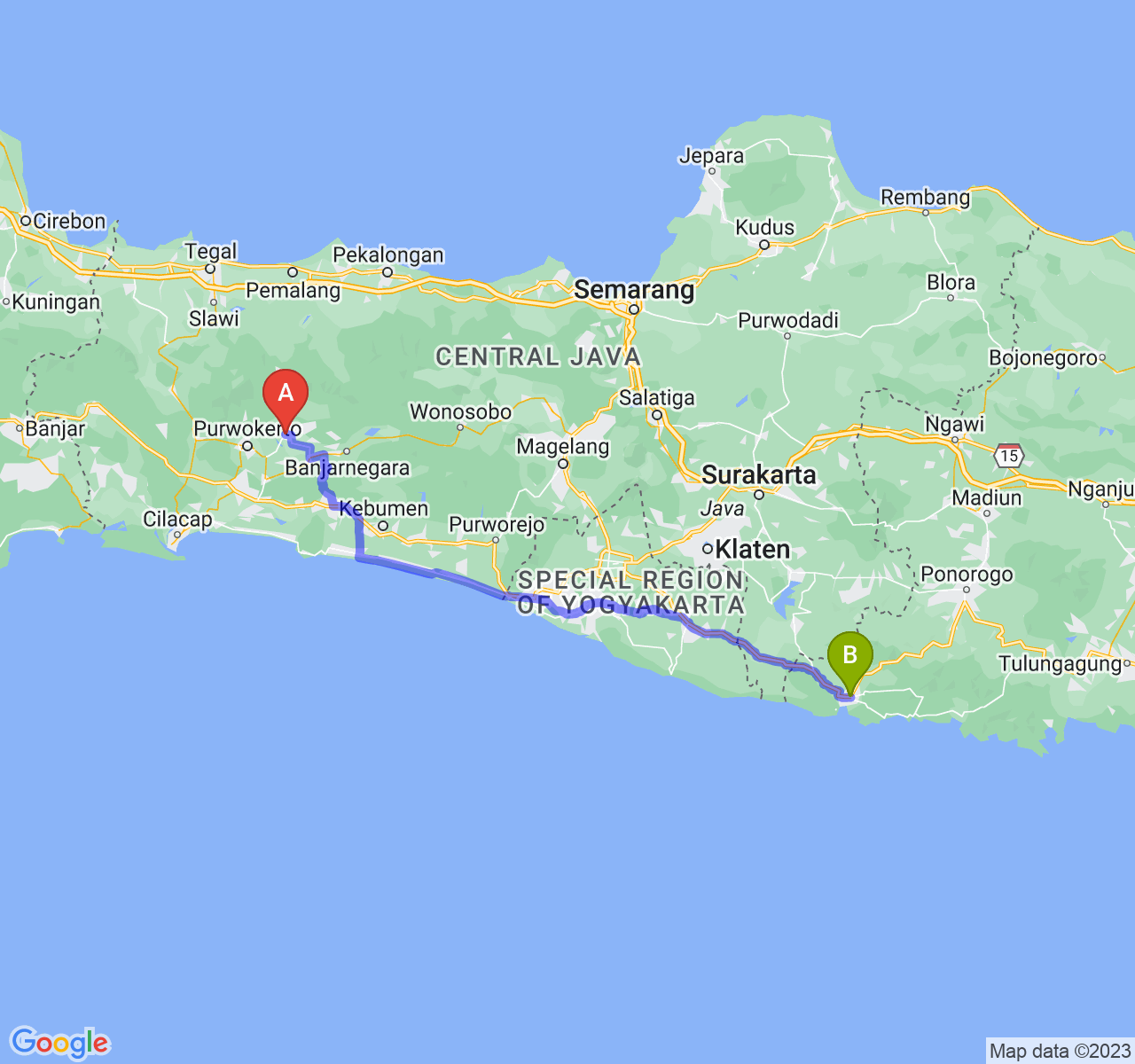 perjalanan dengan rute Kab. Purbalingga-Kab. Pacitan