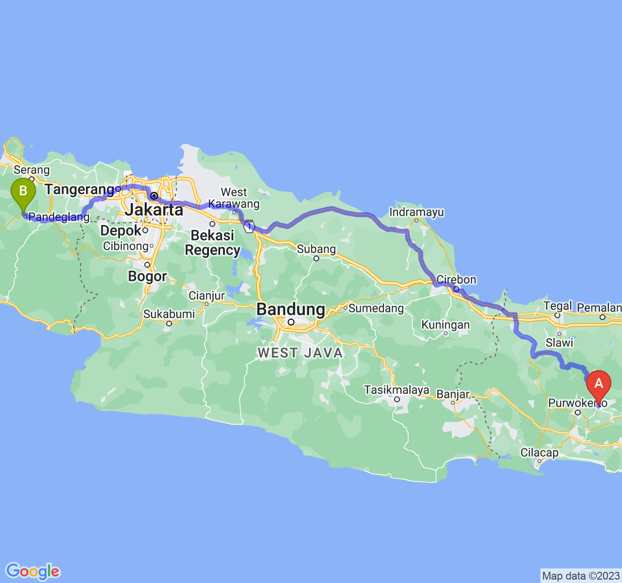 perjalanan dengan rute Kab. Purbalingga-Kab. Pandeglang