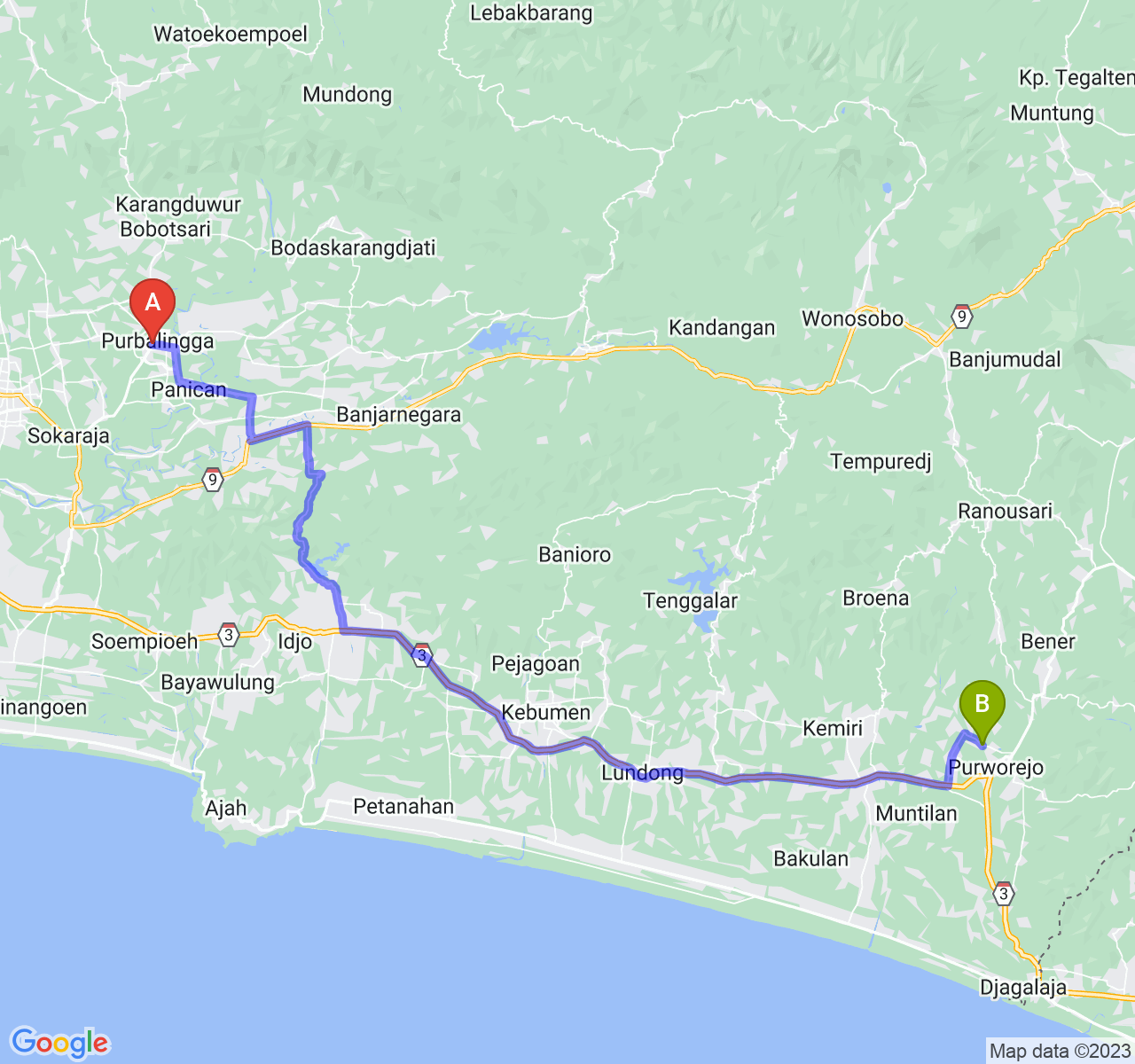 perjalanan dengan rute Kab. Purbalingga-Kab. Purworejo