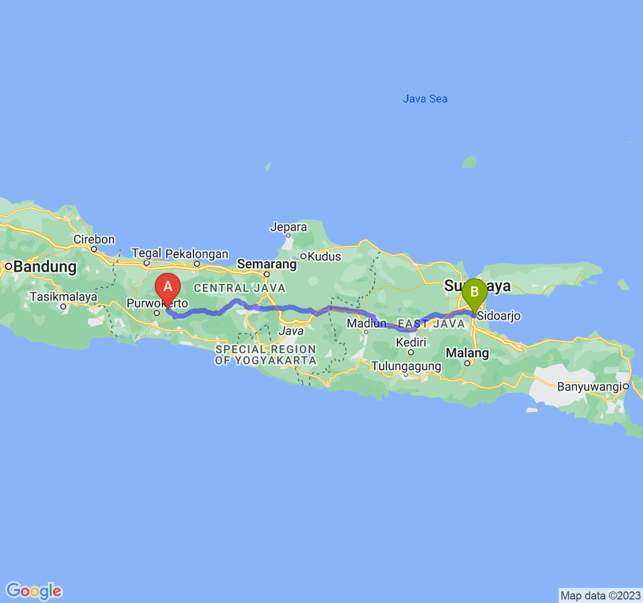 perjalanan dengan rute Kab. Purbalingga-Kab. Sidoarjo