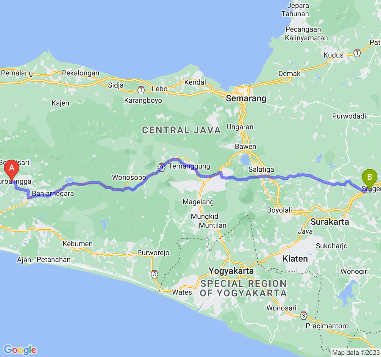 perjalanan dengan rute Kab. Purbalingga-Kab. Sragen