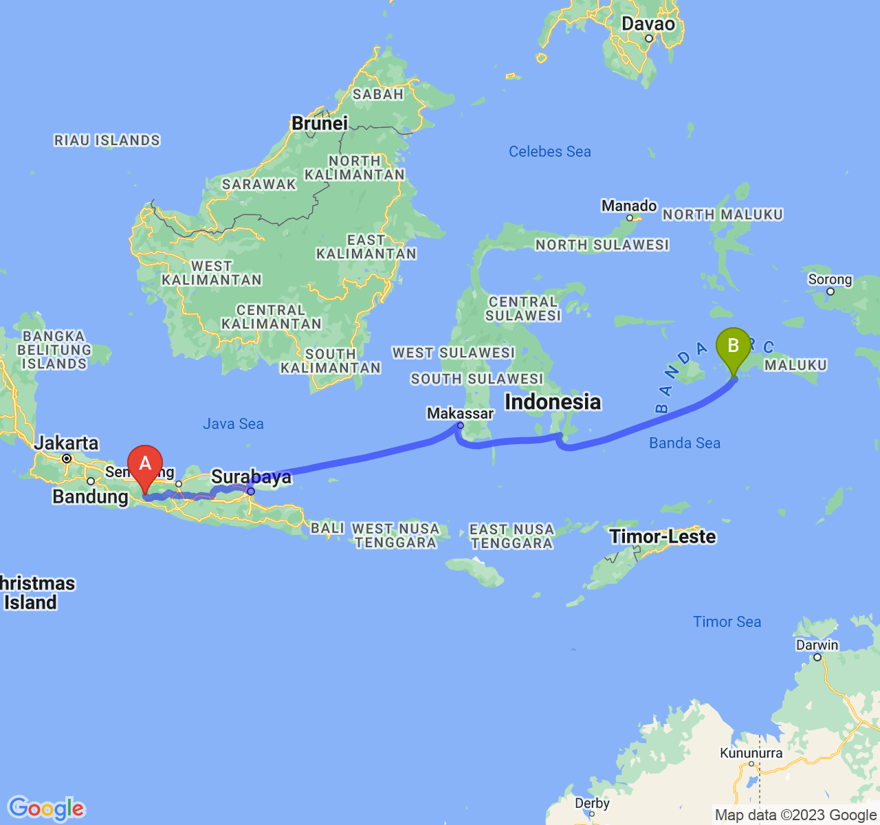 perjalanan dengan rute Kab. Purbalingga-Kota Ambon