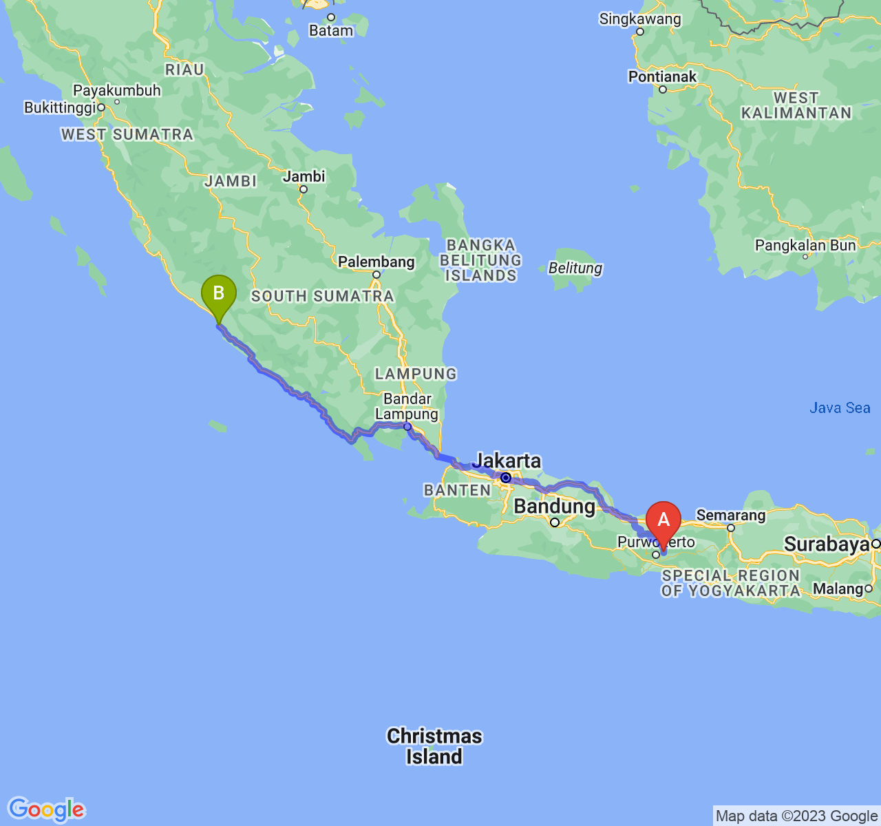 perjalanan dengan rute Kab. Purbalingga-Kota Bengkulu