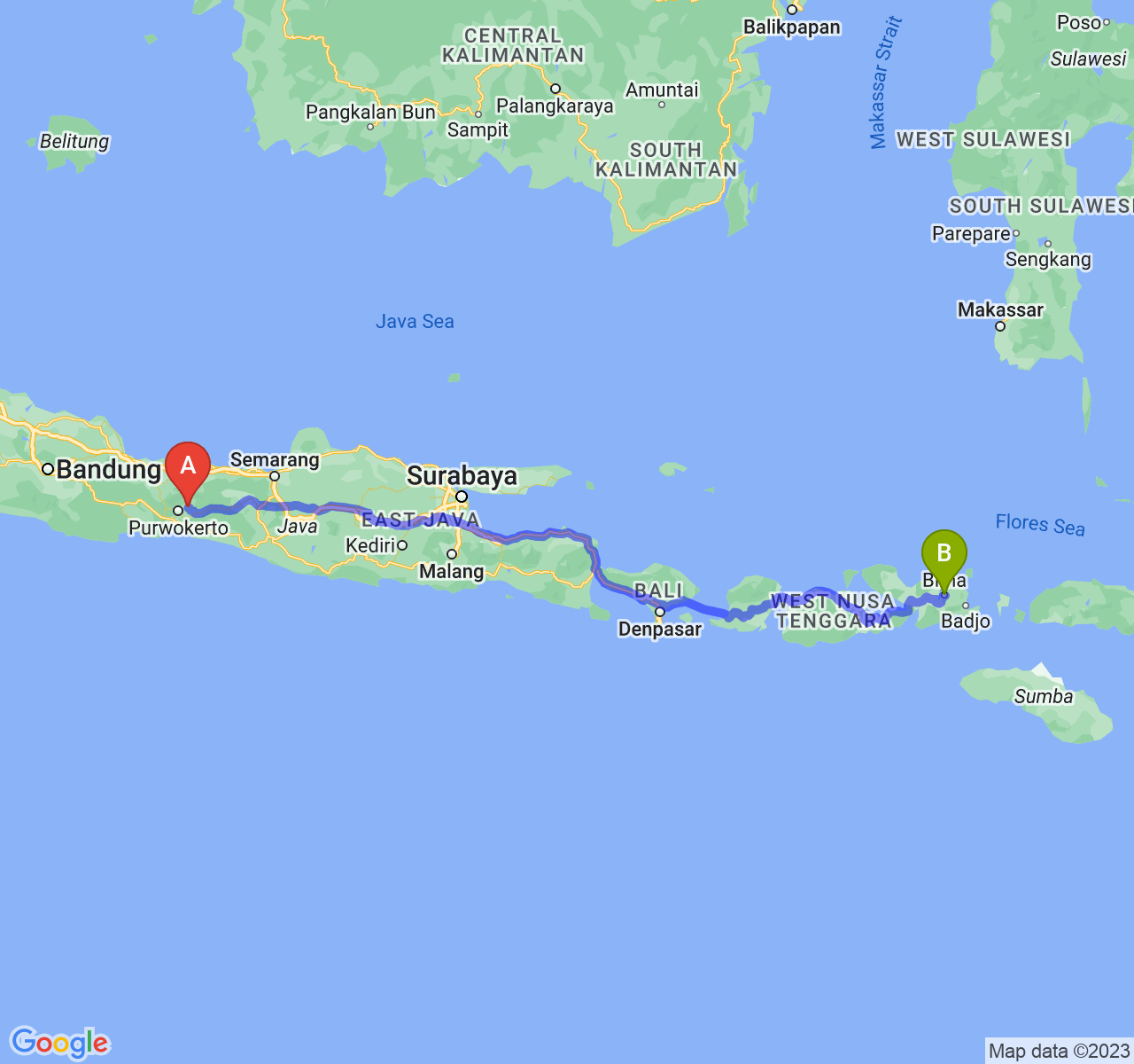 perjalanan dengan rute Kab. Purbalingga-Kota Bima