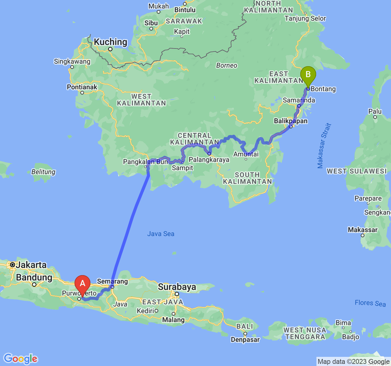 perjalanan dengan rute Kab. Purbalingga-Kota Bontang