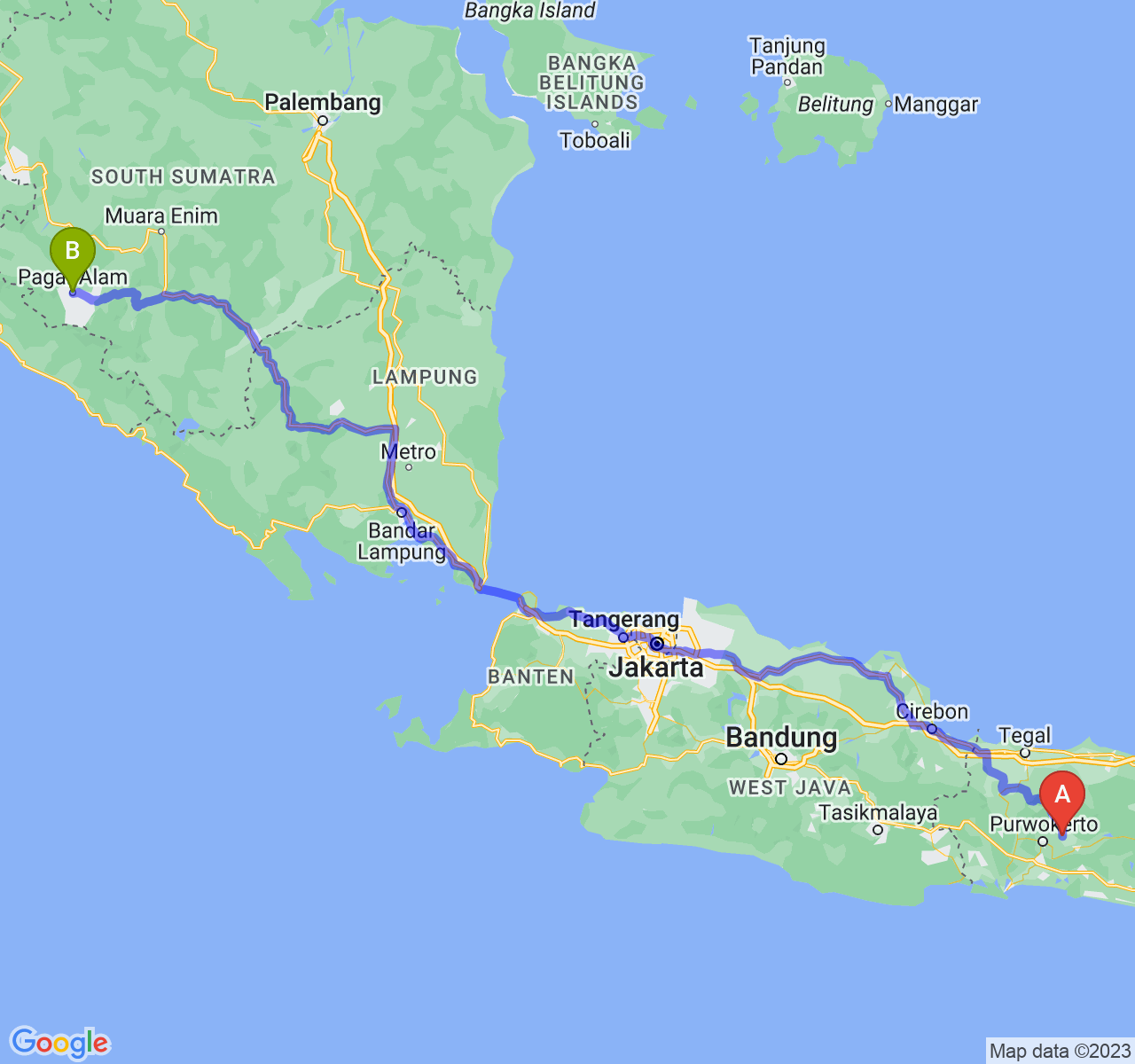 perjalanan dengan rute Kab. Purbalingga-Kota Pagar Alam