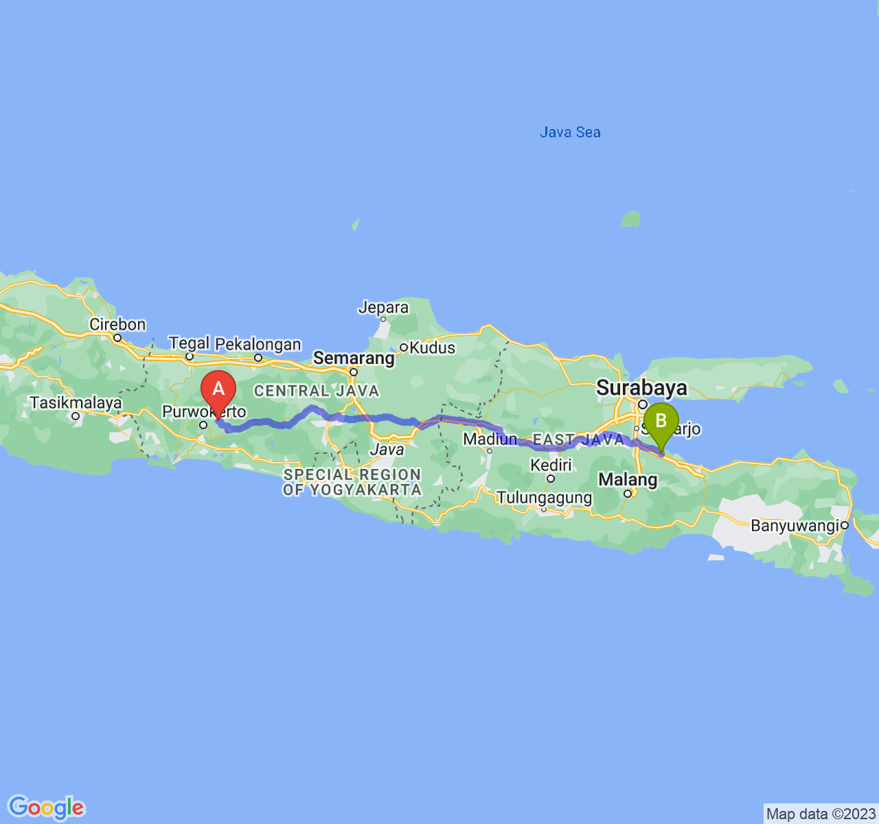 perjalanan dengan rute Kab. Purbalingga-Kota Pasuruan